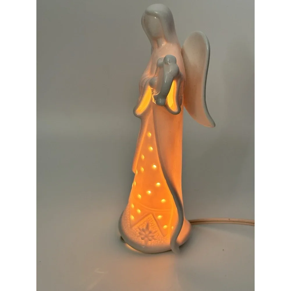 Vtg Ceramic Angel Lamp Playin Harp Home Decor Christmas Angelic‎ Approx 8 Inches